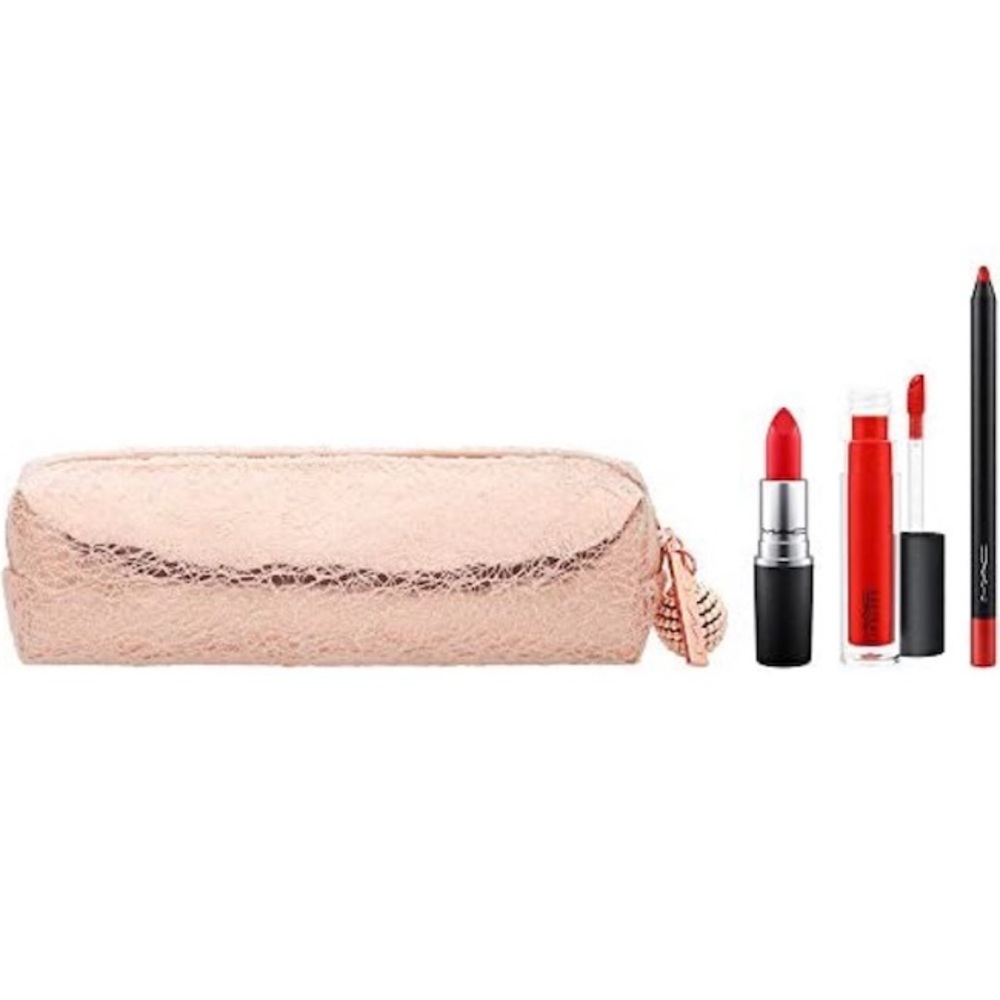 MAC Red Lipstick Lipgloss Pencil for Lips Full Size Makeup Bag Pouch Set New NWT - Picture 2 of 13